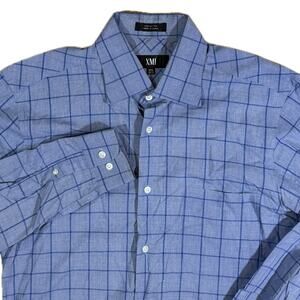 XMI Long Sleeve Shirt Blue Windowpane Check 100% Cotton 15.5‎ 32/33 Classic Fit
